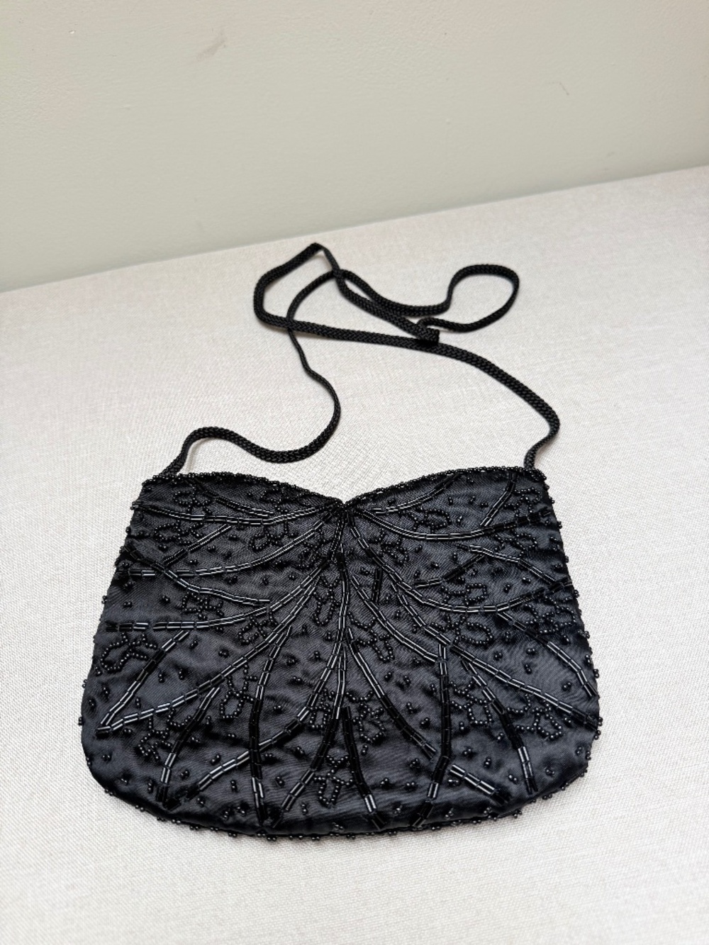 Black Satin Beaded Evening Bag Handbag Purse Prom Formal